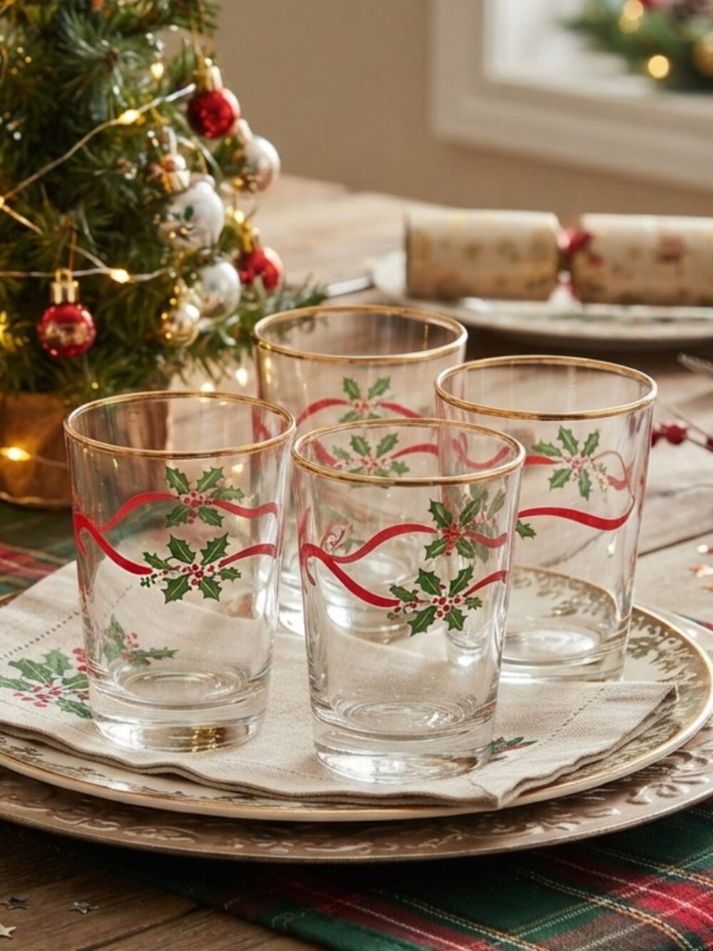 🎄4x Christmas Holly & Ribbon Glasses New